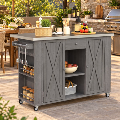 Solid Fir Wood Outdoor Prep Cart with Foldable Stainless Steel Top & Lockable Wheels