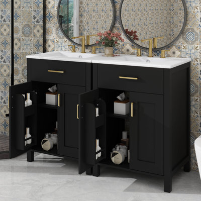 48" Double Sink Bathroom Vanity, Wood Bathroom Cabinet With Tip-Out Drawers, Storage Racks & 2 Cabinets, Separate 2 Bathroom Vanities With Ceramic Sinks