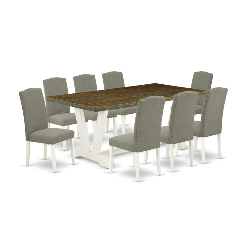Acacia Solid Wood Dining Set, 30" H x 72" L x 40" W, 9 Pieces: Table, 8 Chairs, Distressed Jacobean