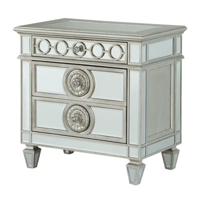 Superbe table de chevet à miroir en argent - Garniture géométrique exquise, rangement spacieux et glamour