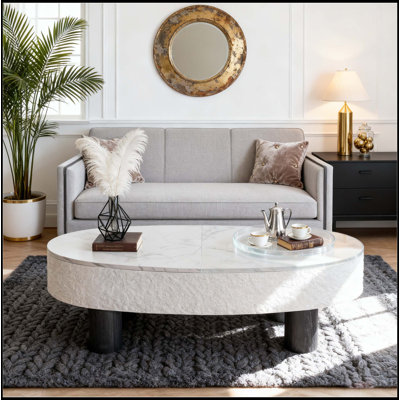 Oval Coffee Table with Faux Marble Top, Mid Century Modern Design with Hidden Drawer and Storage