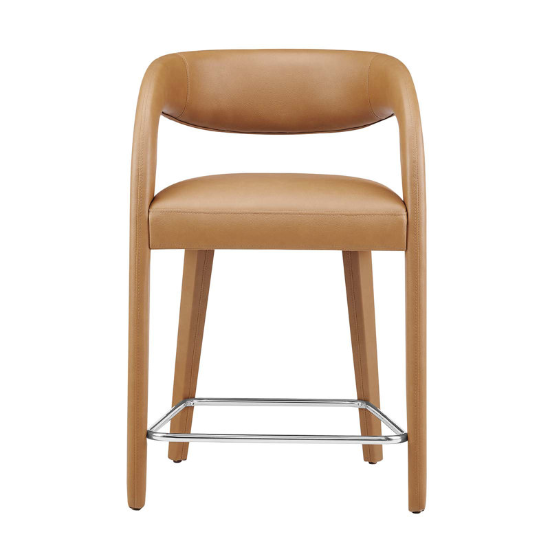Tan Vegan Leather and Wood Counter Stool Set with Metal Footrest