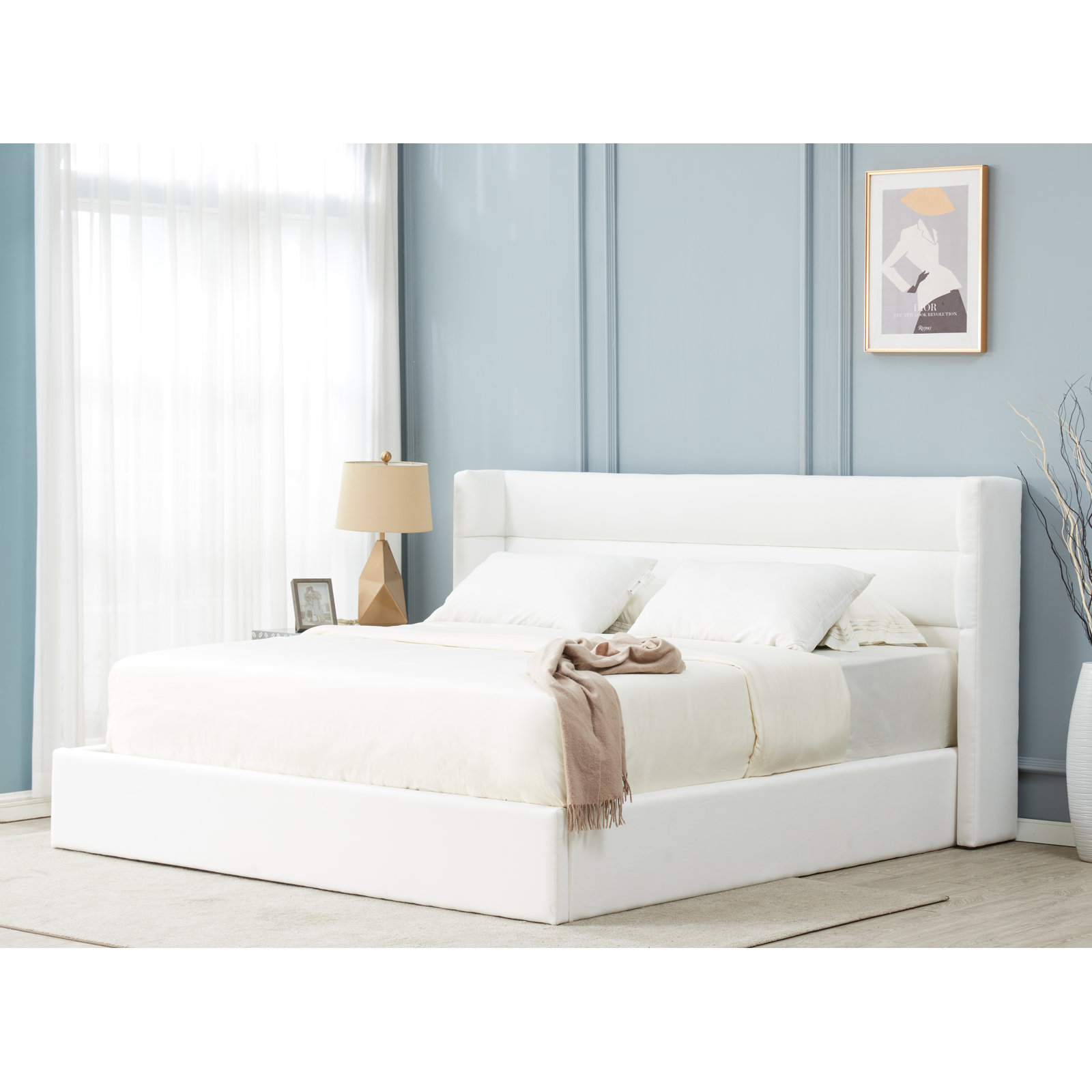 Doria Upholstered Bed, White, Queen