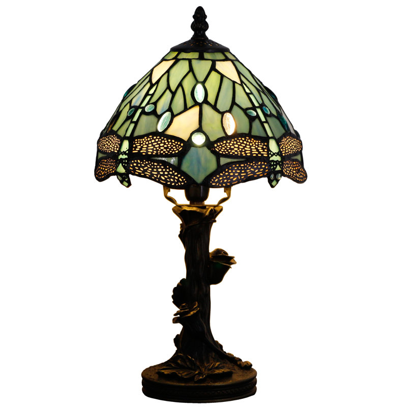 Small Tiffany Lamp Stained Glass Desk Lamp Sea Blue Dragonfly Style Bedside Desk Light Mini Accent Desk Memory Lamp 8X15 Inch