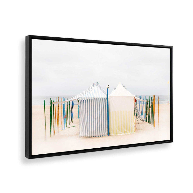 Cabines de plage rayées, H 12,75 po x l 18,75 po, Impression encadrée sans passe-partout, Noir satiné
