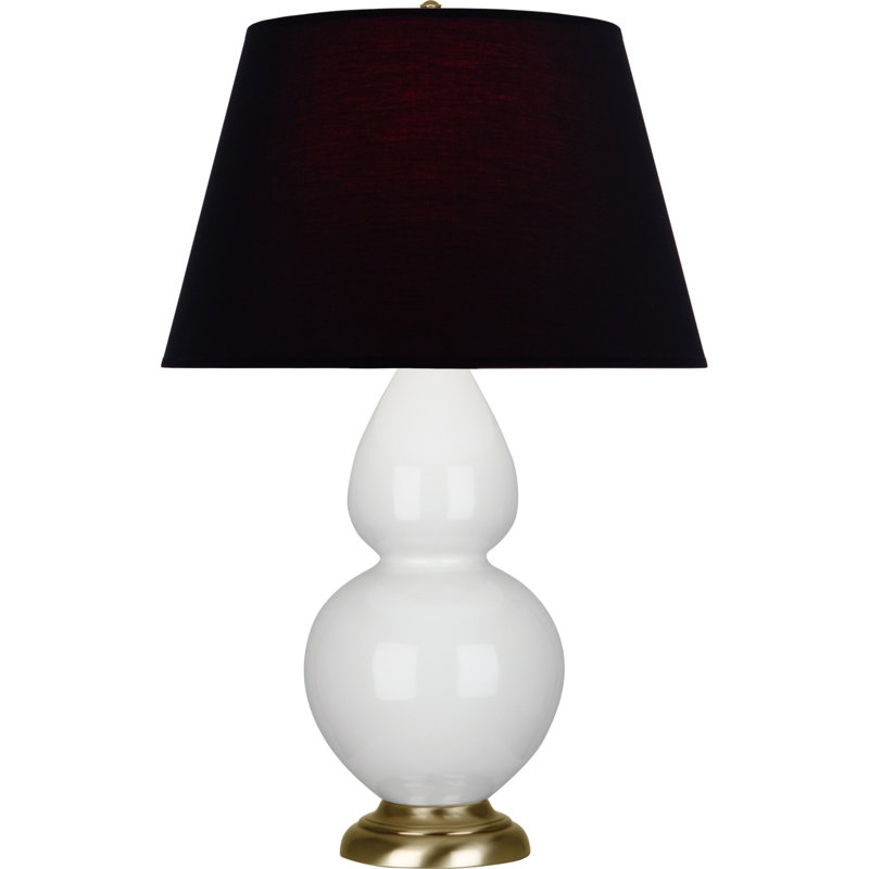 Lampe de table double gourde en céramique, Thé vert / taupe, Lys émaillé / laiton, Laiton