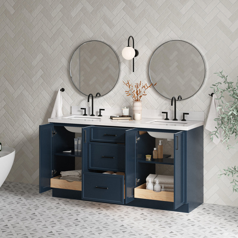 Ariel Kelly 67 Inch Double Rectangular Sink Bathroom Vanity With Pure Quartz Countertop, Midnight Blue
