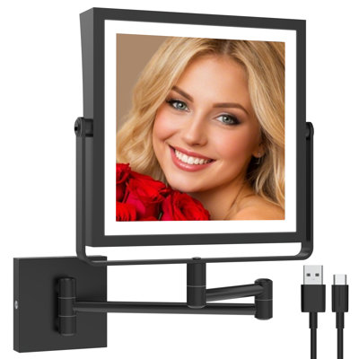  Rechargeable Wall Mounted Makeup Mirror with Lights, Double Sided 1X/10X Magnifying Vanity Mirror with 3 Color Lighting, Touch Screen Dimmable, 360° Rotation Extension Foldable Arm(Matte Black)