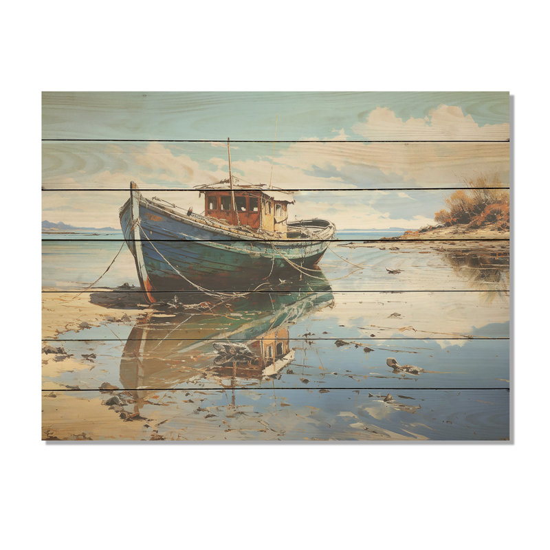 Fhses Boat By The Lake II - Bateau côtier sur bois, H 34 po x l 44 po