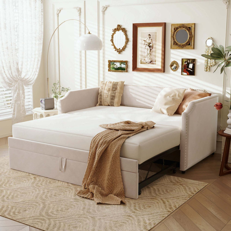 Velvet Upholstered Daybed With Pop Up Trundle, Beige