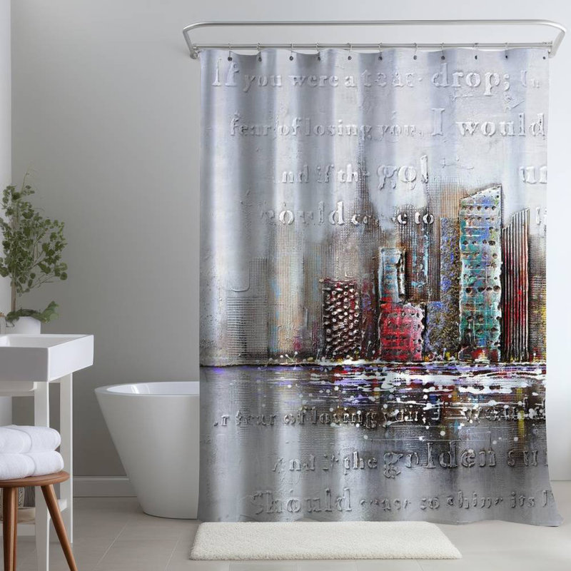 Cities Gray Industrial – Cityscape Typography – Polyester Shower Curtain, Dye Sublimation Print, 71" W × 74" L