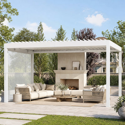 Aurora X 12 pi Pergola à persiennes avec amants réglables à double couche, système de gouttière intégré et prise de courant USB, écran roulant extérieur