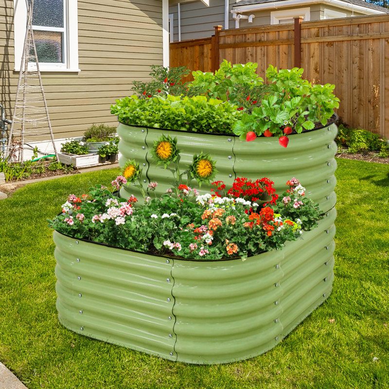 Olive Green Two-Tier Corrugated Metal Raised Garden Bed