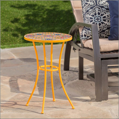 Outdoor Side Table With Tile Mosaic Top And Durable Metal Legs, Perfect For Patio And Balcony Decor
