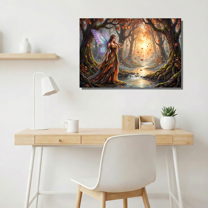Fée avec des ailes de papillon dans une forêt d'automne, art mural sur toile, 20"H x 30"W