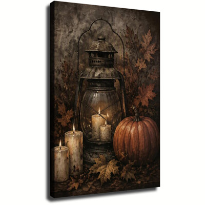 Lampe tempête vintage avec chandelles allumées et citrouille orange, feuilles d'érable d'automne, tableau mural sur toile