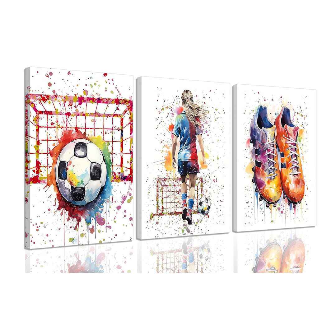 3Pcs Girl Graffiti Soccer Canvas Wall Art Colorful Sneakers Posters Prints Wall Decor Pictures Sports Theme Football Paintings For Bedroom Girls Room