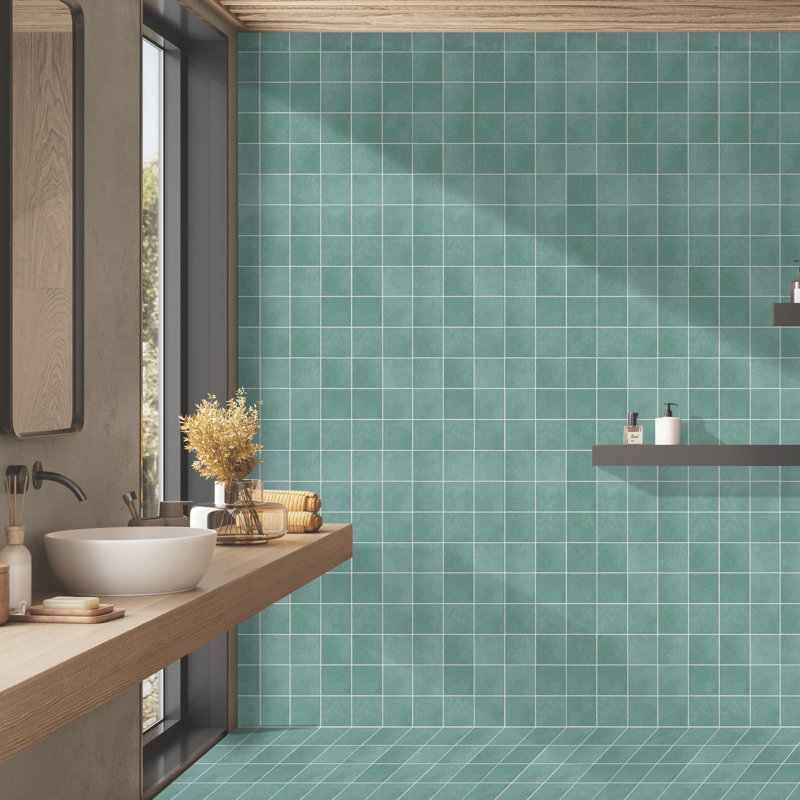 Literary License 3'' W x 3'' L Porcelain Concrete Look Tile Grid Mosaic Sheet, Lagoon