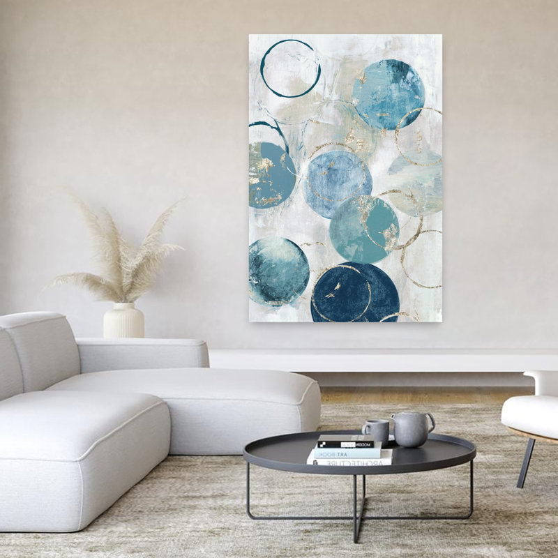 Cercles bleus I, art géométrique abstrait contemporain, H 60 po x l 40 po