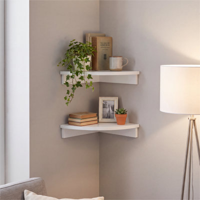 Étagère murale flottante de coin de 30,5 x 30,5 cm, à 2 niveaux, idéale pour le salon, la chambre à coucher ou le bureau.