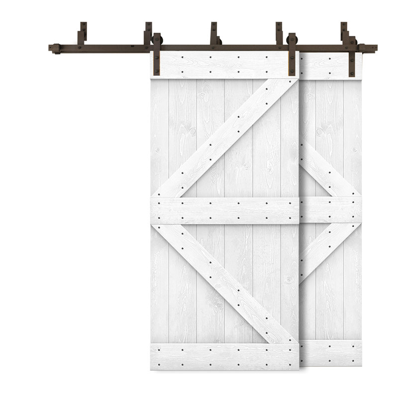 White Stained Knotty Pine Double Bypass Barn Door with Oil-Rubbed Bronze Hardware