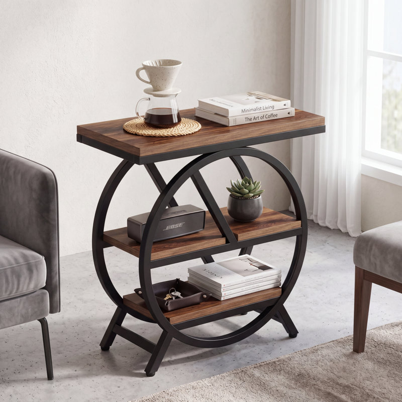 Ensemble de 2 tables de bout pour le salon, table d'appoint étroite en bois avec rangement et cadres en métal, Brun