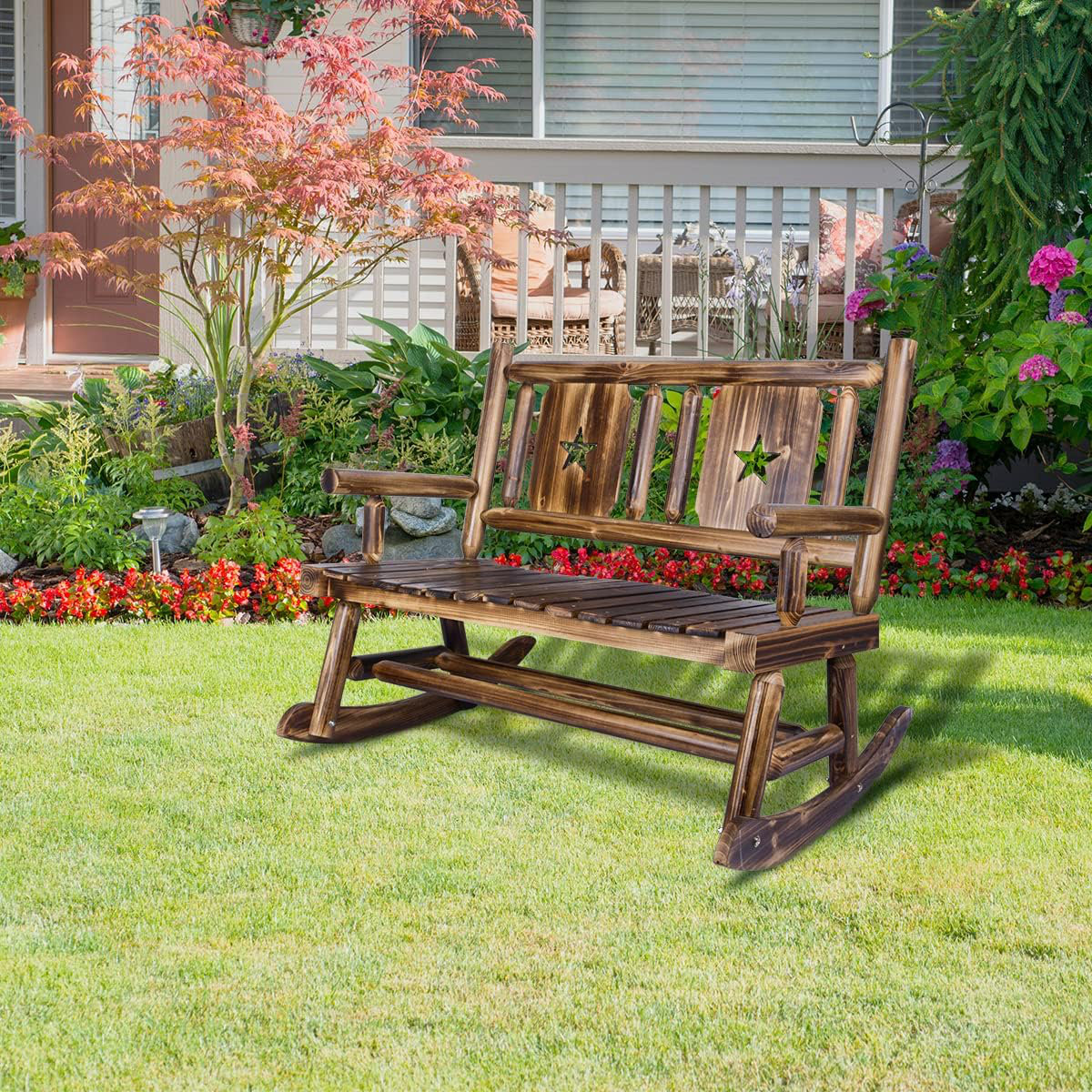 Millwood Pines Demosteni Rustic Wood Outdoor Rocking Bench - Double ...