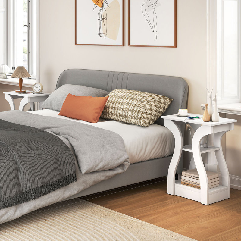 End Tables w/Charging Station Set of 2 3-Tier Side Tables w/USB Ports & Outlets, White