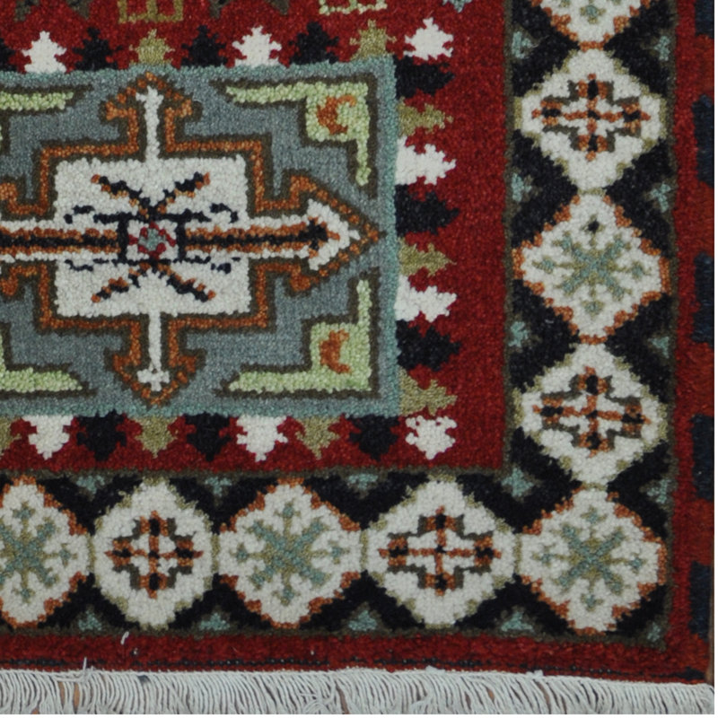 Tapis unique en laine noué à la main rouge / noir / gris 2 pi x 4 pi Kazak