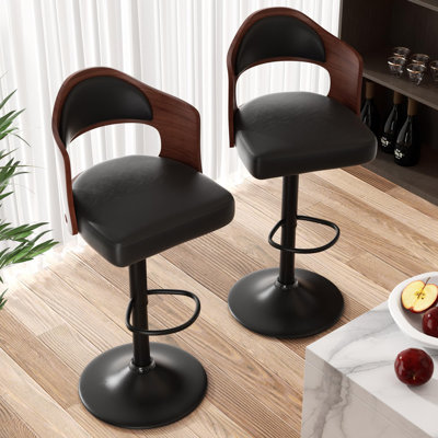 Swivel Bar Stools Set Of 2 Seat Adjustable Height 24.5-33.5in, Wooden Barstools Pu Leather Upholstered Bar Chairs With Back & Footrest For Bar Kitchen -  George Oliver, 52E645EE6FCC4B90BF28B8AD5D6CECF8