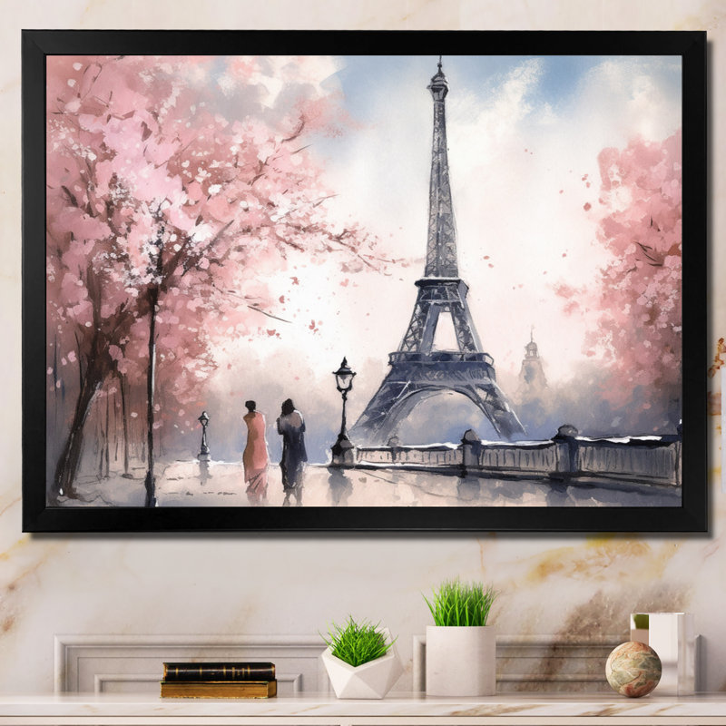 Art mural de la Tour Eiffel, France, H 34 po x l 44 po x P 1,5 po, Cadre simple noir