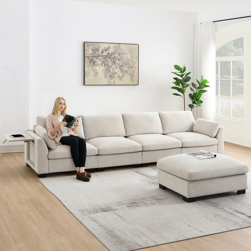  Canapé modulaire de 130 po, canapé en L avec table pliante, chargeur USB, poches de rangement, repose-pieds mobile, beige