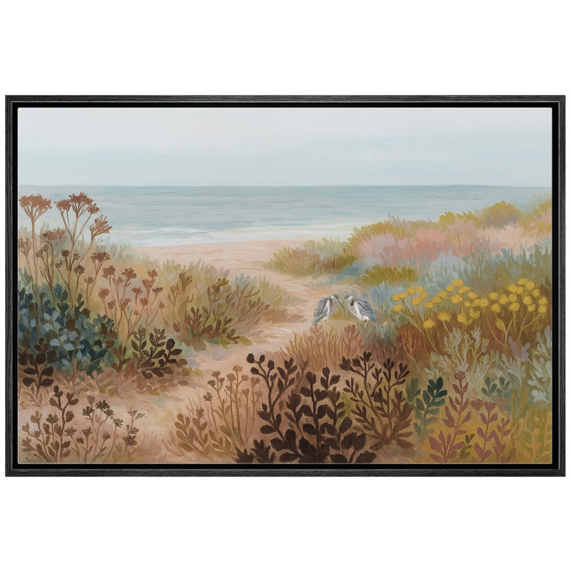 «Beach Path with Coastal Plants and Two Birds by the Shore», reproduction d'art sur toile encadrée, 1, Noir