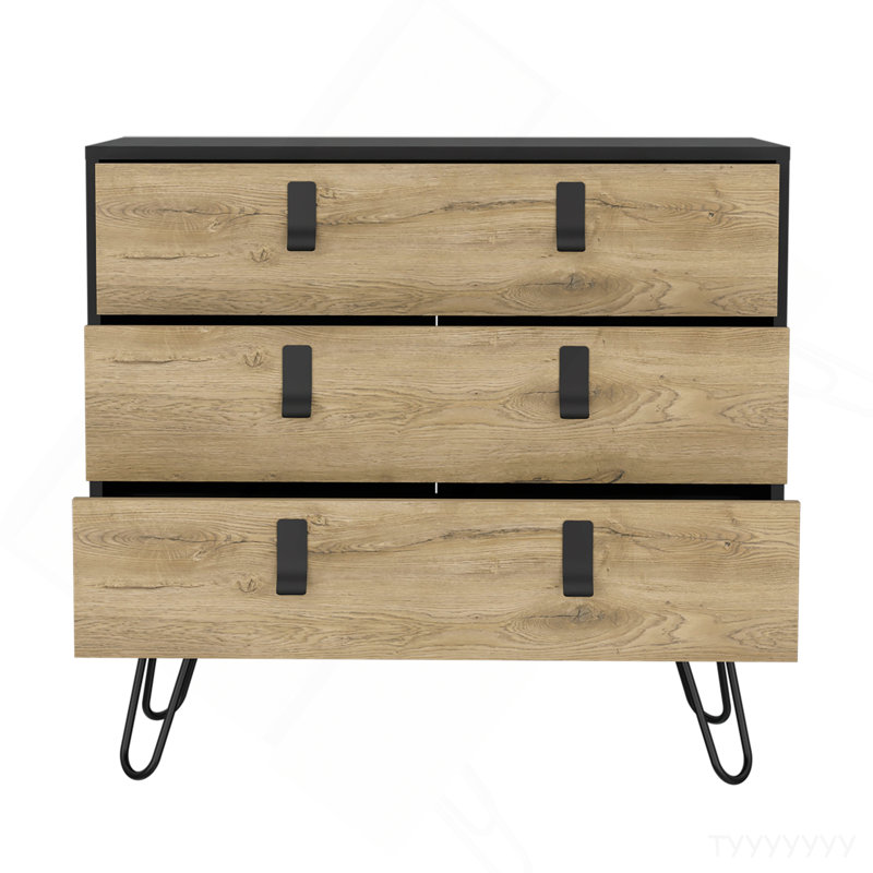 Commode H 29 po, commode 3 tiroirs, commode moderne avec pieds en épingle et détails métalliques, noir / macadamia