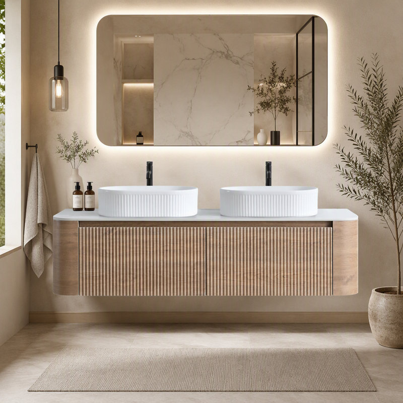 Meuble-lavabo mural double vasque de 152 cm (60 pouces) avec comptoir en pierre frittée, lavabos ovales en céramique blanche et porte-serviettes.