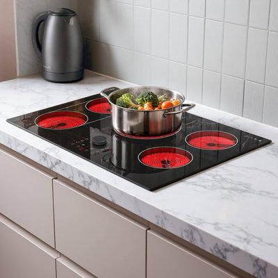 Karinear Electric Cooktop 30 Inch , 5 Burner Radiant Stove Top, Built-in Hob, 9 Heat Levels, 99-Min Timer, Child Lock, Pause, Bridge BBQ, 8600W 240V No Plug