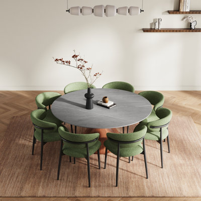 Modern 7 Pieces Dining Room Table Set, Pre-Assembly Dining Set, Sintered Stone Tabletop Round Kitchen Table With Lucky Upholstered Chairs For 6