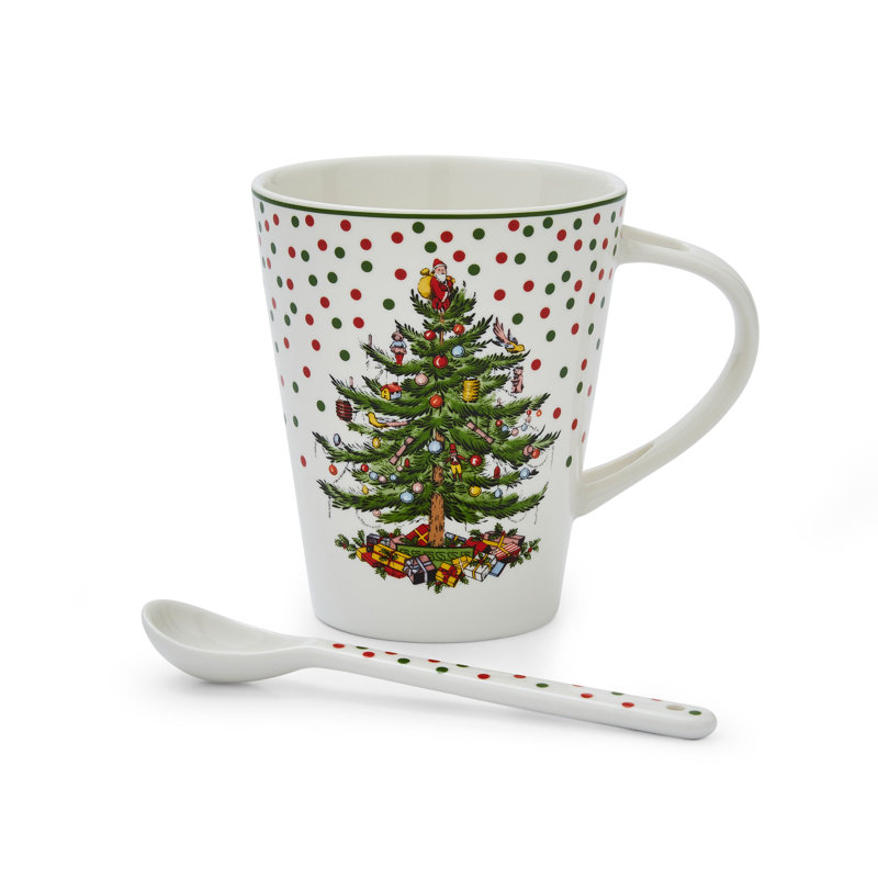 Spode Christmas Tree Polka Dot Mug & Spoon Set 14Oz