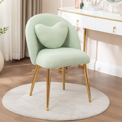 Teddy Fabric Vanity Chair With Backrest And Pillow, Cute Small Cozy Desk Chair No Wheels,Comfy Makeup Ch With Ajustable Gold Legs