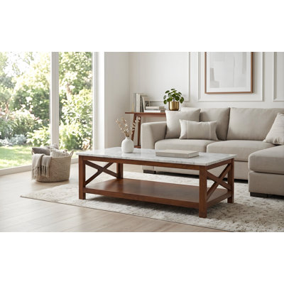 Alessandro 43.5" Rectangular Italian Carrara White Marble Coffee Table With Walnut Color Solid Wood Legs