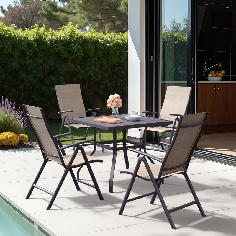 Hickley Metal Folding Patio Dining Armchair with Adjustable Backrest, Brown