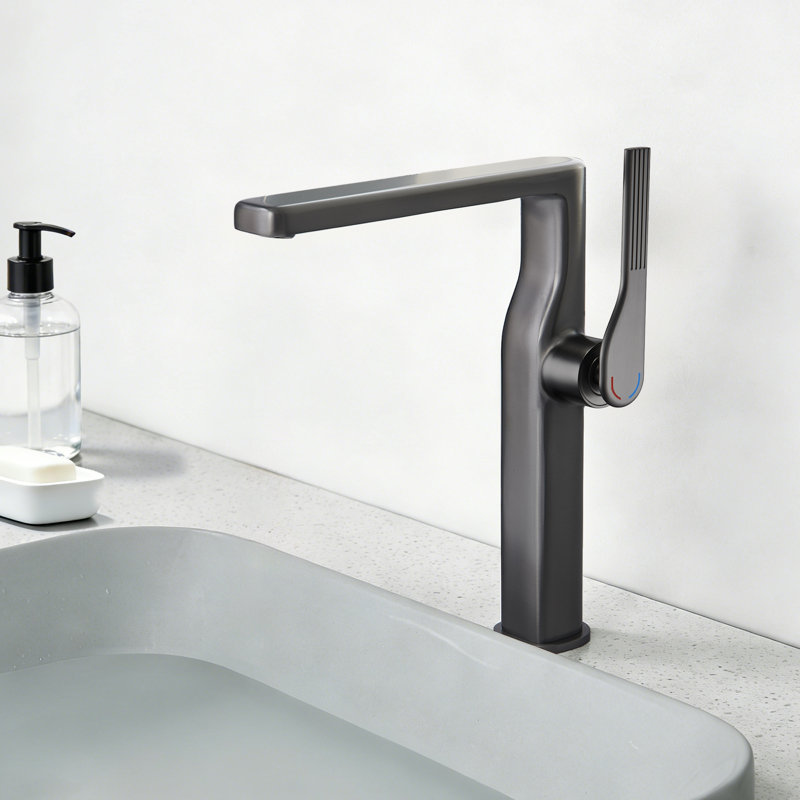 10”H Solid Brass Single-Hole Single-Handle Vessel Sink Bathroom Sink Faucet with Drain Assembly, Gun Gray