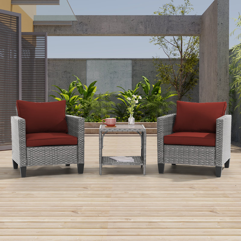3 Piece Patio Conversation Set with Cushion, Gray, Rust Red