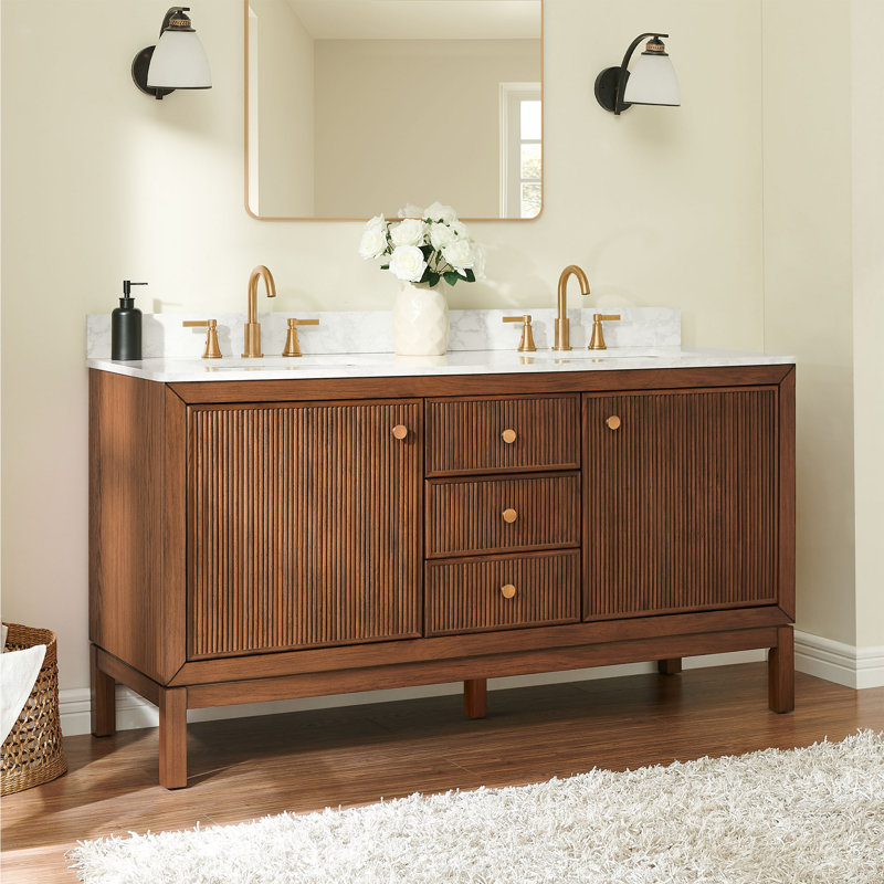 Meuble-lavabo double 63 po avec plateau en marbre Hernest, Brun