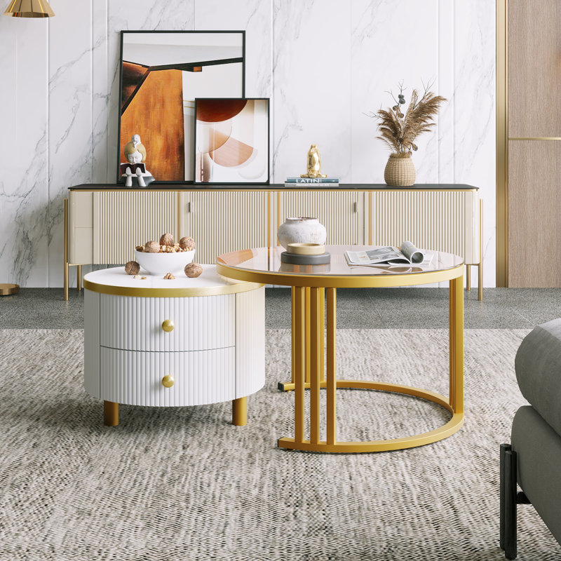 Aldonis Frame Coffee Table with Storage, Golden/White