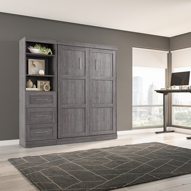 Arlex Murphy Bed with Shelving and Drawers, Full, Bark Gray
