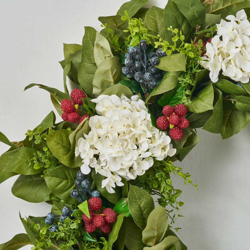 Americana Fruit Wreath with Hydrangea, Raspberry & Blueberry Summer Front Door Wreath, 22" H x 22" W x 6" D