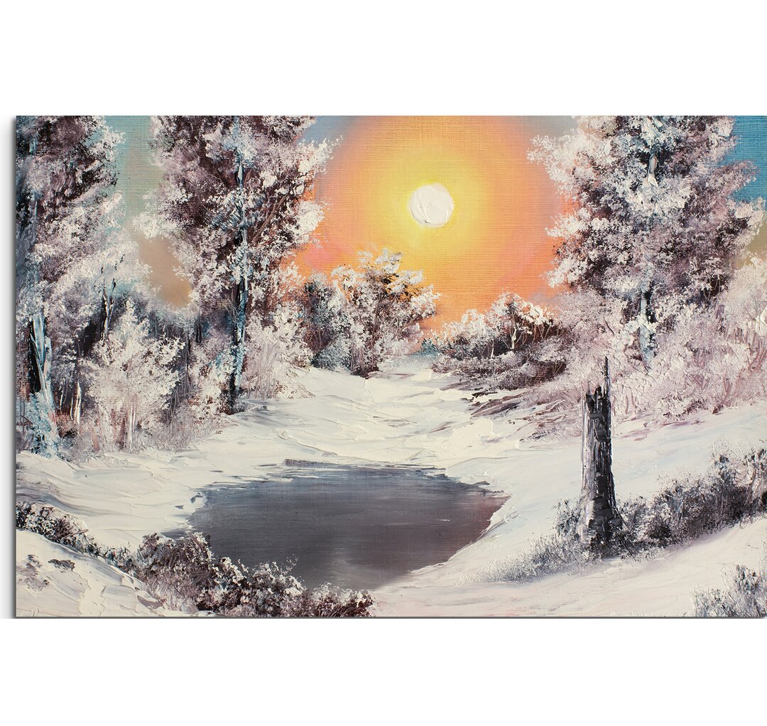 Gerahmtes Leinwandbild Malerische Winterlandschaft am See