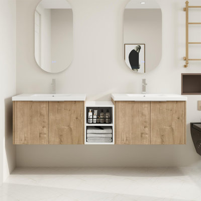 72" Wall-Mounted Double Bathroom Vanity Set with 2 Resin Tops