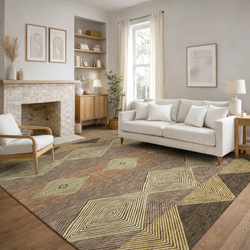 Tapis géométrique Premium lavable à la machine Villers, Chocolat, 9 pi x 12 pi